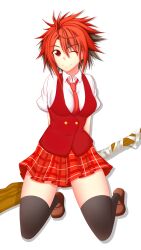  ;) bad_id bad_pixiv_id black_hair breasts female genderswap_(mtf) highres kneeling mahora_academy_middle_school_uniform mahou_sensei_negima! medium_breasts multicolored_hair negi_springfield one_eye_closed red_eyes red_hair rule_63 school_uniform smile taikyoku_shiki teenage thighhighs two-tone_hair wand 