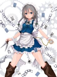  apron blue_eyes boots braid card commentary_request female grey_hair highres izayoi_sakuya knife maid maid_headdress photoshop_(medium) pocket_watch puffy_sleeves short_hair short_sleeves solo touhou twin_braids watch weapon willgoon wrist_cuffs 