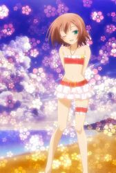  1boy baka_to_test_to_shoukanjuu bikini blush brown_hair crossdressing flower frills kinoshita_hideyoshi photoshop skirt smile stitched swimsuit trap wink 