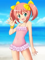  :d bare_shoulders blush bow bracelet casual_one-piece_swimsuit chiffon_(sister_quest) commentary_request day female green_eyes hairbow image_sample jewelry nicoseiga_sample one-piece_swimsuit open_mouth pink_hair pink_one-piece_swimsuit short_hair short_twintails sister_quest sky smile solo swimsuit takappe twintails water waving yellow_bow 