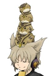  bad_id bad_pixiv_id bird brown_hair closed_eyes commentary_request earmuffs female hat owl ritual_baton shikushiku_(amamori_weekly) smile solo stacking touhou toyosatomimi_no_miko white_background 