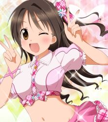  bad_id bad_pixiv_id bell_(oppore_coppore) brown_eyes brown_hair crop_top double_v female hair_ribbon half_updo idolmaster idolmaster_cinderella_girls long_hair midriff navel one_eye_closed open_mouth pink_check_school_(idolmaster) puffy_sleeves ribbon shimamura_uzuki shirt short_sleeves skirt smile solo v 