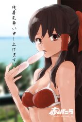  bare_shoulders bow bra breasts brown_eyes brown_hair commentary_request female hair_tubes hairbow hakurei_reimu kuma_(crimsonvanilla) long_hair looking_at_viewer medium_breasts mouth_hold open_mouth red_bra solo touhou tupet underwear zanshomimai 