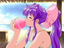  artist_request bow closed_eyes dancing_blade dithering female food fruit hairbow high_ponytail huge_bow kissing kissing_object long_hair momohime_(dancing_blade) name_connection object_namesake peach pink_bow ponytail purple_hair solo swimsuit 