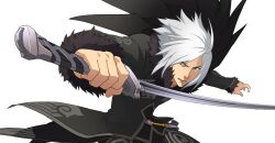  1boy ahoge artist_request black_cape black_coat cape coat fur-trimmed_sleeves fur_coat fur_trim holding holding_sword holding_weapon long_sleeves looking_at_viewer male_focus manly official_art outstretched_arms solo sword tales_of_(series) tales_of_xillia transparent_background unsheathed upper_body v-shaped_eyebrows weapon white_hair wingul_(tales) yellow_eyes 