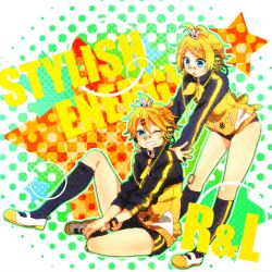  1boy alternate_hairstyle aqua_eyes bandaid black_legwear blonde_hair brother_and_sister buruma commentary_request female grin gym_uniform hair_ornament hairclip headphones jacket kagamine_len kagamine_rin kneehighs one_eye_closed open_mouth photoshop_(medium) ponytail project_diva_(series) project_diva_f short_hair siblings sitting smile socks stylish_energy_(module) suzumi_(fallxalice) track_jacket twins vocaloid 