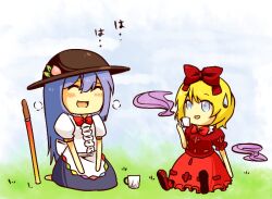  2girls :d bad_id bad_pixiv_id blonde_hair blue_eyes blue_hair bow cup dress food fruit grass hair_ornament hat hinanawi_tenshi medicine_melancholy multiple_girls open_mouth pasu peach smile sword teardrop touhou weapon 