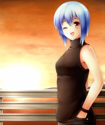  blue_hair denim female jeans komimiyako komitsu pants red_eyes short_hair sleeveless solo sunset turtleneck wink 