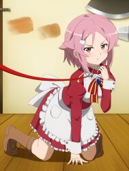  :t apron blush collar commentary_request female freckles hair_ornament highres kamelie kneeling leash lisbeth_(sao) long_sleeves pink_eyes pink_hair puffy_sleeves short_hair solo sword_art_online viewer_holding_leash weapon 