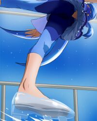  aoki_reika barefoot bike_shorts blue_hair blue_skirt blue_theme cure_beauty feet female foreshortening from_below glass_slipper haruyama_kazunori leggings long_hair navel no_socks precure skates skirt smile_precure solo transparent_footwear 