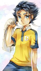  1boy bad_id bad_pixiv_id blue_eyes blue_hair cr72 inazuma_eleven_(series) inazuma_eleven_go lightning_bolt_symbol male_focus raimon soccer_uniform solo sportswear yukimura_hyouga 