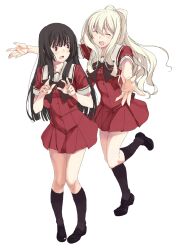  2girls black_hair blonde_hair blush commentary_request highres kirisato_itsuki kirishima_shizuku multiple_girls red_eyes school_uniform shitogi_eris sono_hanabira_ni_kuchizuke_wo st._michael&#039;s_school_uniform yuri 