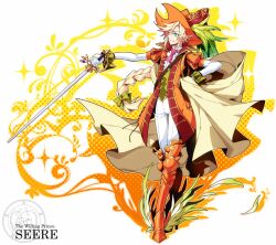  1boy ars_goetia ascot bishounen blonde_hair boots braid cape character_name coat commentary_request crossed_legs feathers full_body green_eyes hat knee_boots kyousaku long_hair male_focus md5_mismatch mygrimoire oerba_yun_fang one_eye_closed orange_footwear pants rapier seir_(mygrimoire) smile solo standing sword watson_cross weapon 