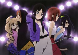  5girls akiyama_mio alternate_hairstyle black_eyes black_hair black_pantyhose blonde_hair blue_eyes blue_legwear brown_eyes brown_hair commentary hair_between_eyes highres hirasawa_yui hood hoodie k-on! kotobuki_tsumugi long_hair microphone microphone_stand multiple_girls nakano_azusa no_thank_you!_(k-on!) official_art pantyhose pantyhose_under_shorts photoshop_(medium) profile scan short_hair shorts side_ponytail skirt sleeves_pushed_up tainaka_ritsu utsumi_hiroko 