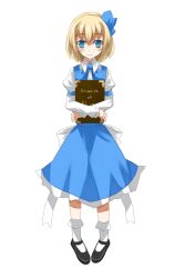  alice_margatroid alice_margatroid_(pc-98) blonde_hair blue_eyes blush book bow commentary english_text female grimoire grimoire_of_alice hair_ornament hair_ribbon hairbow nanatuki13 ribbon short_hair skirt smile solo suspenders touhou touhou_(pc-98) 