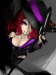  bad_id bad_pixiv_id boots breasts cleavage commentary crime_city_miss_fortune cross-laced_footwear downblouse fedora female from_above garter_straps gun handgun hat highres jewelry kumiko_shiba lace-up_boots large_breasts league_of_legends licking_lips miss_fortune_(league_of_legends) naughty_face necklace red_hair solo striped thigh_boots thighhighs tongue tongue_out vertical_stripes weapon 