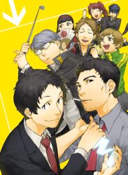  4boys 4girls adachi_tooru amagi_yukiko aqlism bad_id bad_pixiv_id black_hair card doujima_ryoutarou glasses golf_club hanamura_yousuke kujikawa_rise looking_at_viewer multiple_boys multiple_girls narukami_yuu persona persona_4 satonaka_chie school_uniform shirogane_naoto smile smoking sweatdrop yellow_background 