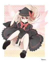  :o blush bow brown_hair capelet commentary_request covering_crotch covering_privates dress female hand_on_headwear hat hat_bow highres lily_black lily_white long_hair red_eyes signature solo touhou wings yutamaro 