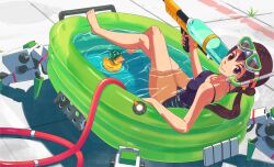  bad_id bad_pixiv_id barefoot brown_eyes brown_hair commentary_request crossed_legs diving_mask female goggles hose inaba_taiju long_hair looking_back one-piece_swimsuit original partially_submerged photoshop_(medium) rubber_duck school_swimsuit sitting snorkel solo swimsuit twintails wading_pool water water_gun 