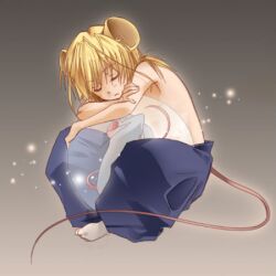  1boy animal_ears ball blonde_hair closed_eyes copyright_request indian_style legs_crossed long_hair lowres male male_focus mouse mouse_ears mouse_tail request sitting sleeping solo tail topless 