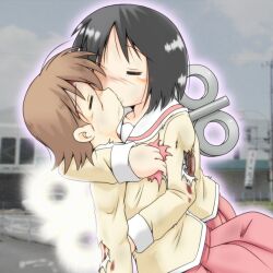  2girls aioi_yuuko android black_hair blood brown_hair closed_eyes commentary_request gaketsu glowing hug injury kissing multiple_girls nichijou saliva school_uniform shinonome_nano short_hair tears tokisadame_school_uniform winding_key yuri 