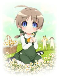  3girls aged_down ahoge bad_id bad_pixiv_id basket blue_eyes blush bow braid brown_hair dress flower hairbow lolicon looking_at_viewer lynette_bishop miyafuji_yoshika multiple_girls perrine_h._clostermann short_hair single_braid sitting smile strike_witches wariza world_witches_series zumi_(tk) 