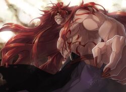  1boy clenched_teeth commentary_request hakama hakama_skirt japanese_clothes kyousaku long_hair male_focus mature_male muscular mygrimoire purple_hakama red_hair satan_(mygrimoire) sharp_teeth skirt solo tattoo teeth topless_male yellow_eyes 