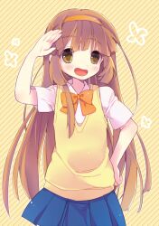  bad_id bad_pixiv_id blue_skirt brown_eyes brown_hair female hairband inazuma_eleven_(series) inazuma_eleven_go inazuma_eleven_go_chrono_stone long_hair nanobana_kinako open_mouth orange_hairband pleated_skirt raimon raimon_school_uniform salute school_uniform skirt smile suzumori_uina sweater_vest 