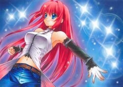  aozaki_aoko bad_id bad_pixiv_id bare_shoulders blue_eyes blush_stickers breasts denim detached_sleeves female halterneck jeans large_breasts long_hair mahou_tsukai_no_yoru navel pants red_hair smile solo sparkle very_long_hair yuto_takumi 