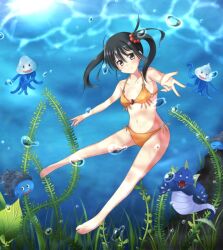  =_= air_bubble armpits bad_id bad_pixiv_id barefoot bikini black_hair blush breasts bubble cameltoe claws commentary_request dragon_quest dragon_quest_iii fangs female fighter_(dq3) floating_hair foreshortening freediving full_body gem grey_eyes hair_between_eyes hair_bobbles hair_ornament head_tilt jellyfish jiino light_smile long_hair looking_at_viewer man_o&#039;_war_(dragon_quest) marine_slime merman_(dragon_quest) monster navel no_pupils o-ring o-ring_bikini o-ring_top orange_bikini outstretched_arm refraction seaweed shell small_breasts smile solo spikes sun swimsuit tentacle twintails underwater 