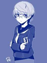  blue_theme commentary_request female genderswap_(mtf) glasses jacket monochrome narukami_yuu over-rim_eyewear persona persona_4 rule_63 school_uniform semi-rimless_eyewear short_hair tarot tarot_(card) taru_neko the_fool_(tarot) 