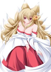  absurdres animal_ears blonde_hair breasts cleavage commentary_request female fox_ears highres long_hair multiple_tails red_eyes solo tail transparent_background wata_(akawata) 