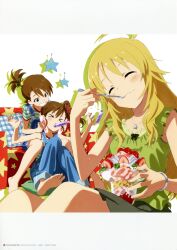  &gt;_&lt; 3girls absurdres barefoot blonde_hair brown_hair dessert eating food futami_ami futami_mami highres hoshii_miki idolmaster idolmaster_(classic) jewelry long_hair matsuo_yuusuke multiple_girls necklace official_art short_hair side_ponytail star_(symbol) star_necklace suspenders 