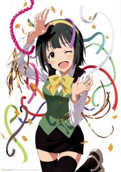  ;d absurdres black_thighhighs blush_stickers brown_eyes confetti female green_hair hairband highres idolmaster idolmaster_(classic) matsuo_yuusuke mole mole_under_mouth official_art one_eye_closed open_mouth otonashi_kotori photoshop_(medium) ribbon sandals scan short_hair smile solo thighhighs zettai_ryouiki 