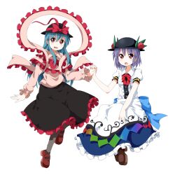  2girls blue_hair capelet commentary_request cosplay costume_switch food fruit hat hinanawi_tenshi hinanawi_tenshi_(cosplay) holding_hands leaf long_hair long_skirt long_sleeves multiple_girls nagae_iku nagae_iku_(cosplay) pantyhose peach puffy_sleeves purple_hair red_eyes ribbon ruu_(tksymkw) shawl short_hair short_sleeves skirt touhou white_background 