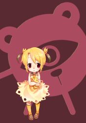  blonde_hair commentary_request doll dress female hair_ornament highres kairiki_bear_(&quot;lolita&quot;_songs) looking_at_viewer mary_janes original red_eyes rojiko school_uniform serafuku shoes short_hair short_twintails solo thighhighs twintails vocaloid yellow_dress 