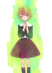  1boy arms_up black_socks blush bow bowtie brown_eyes brown_hair bubble_skirt commentary_request crossdressing danganronpa:_trigger_happy_havoc danganronpa_(series) fujisaki_chihiro head_tilt highres kneehighs long_sleeves male_focus no_pupils otoko_no_ko pleated_skirt sailor_collar short_hair skirt smile socks solo soto 