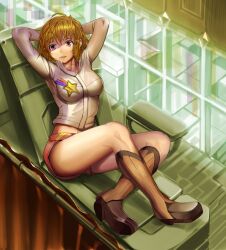  arms_behind_head arms_up bad_id bad_pixiv_id boots breasts brown_footwear brown_hair copyright_request female full_body impossible_clothes impossible_shirt knee_up large_breasts looking_at_viewer open_collar parted_lips red_eyes shijima_(tanfn) shirt short_hair short_shorts shorts sitting solo star_(symbol) star_print thighs 