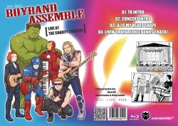  5boys armor avengers black_widow black_widow_(marvel) blonde_hair bodysuit boots cape captain_america clint_barton crossed_arms female gloves green_skin guitar hawkeye_(marvel) helmet hulk instrument iron_man keyboard marvel microphone multiple_boys natasha_romanoff piano power_armor quiver red_cape red_hair short_hair size_difference star steve_rogers sunglasses thor_(marvel) tony_stark 