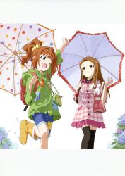  2girls absurdres arm_up black_thighhighs boots bow brown_hair denim denim_shorts dress empire_waist hairbow highres holding holding_umbrella idolmaster idolmaster_(classic) matsuo_yuusuke minase_iori multiple_girls official_art one_eye_closed orange_hair raised_fist rubber_boots short_dress shorts smile takatsuki_yayoi thighhighs twintails umbrella yellow_footwear zettai_ryouiki 