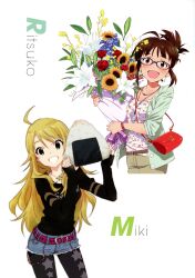  2girls ahoge akizuki_ritsuko baby&#039;s-breath belt blonde_hair brown_hair character_name earrings fashion flower food glasses green_eyes happy highres hoshii_miki idolmaster idolmaster_(classic) iizuka_haruko jewelry lily_(flower) multiple_girls necklace official_art pants pantyhose pantyhose_under_shorts ponytail red_flower red_rose rose scan shorts simple_background sleeves_pushed_up star_(symbol) sunflower white_background yamaguchi_satoshi 