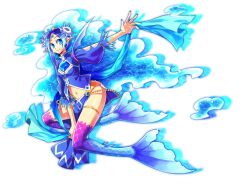  ars_goetia blue_eyes blue_hair blue_theme commentary_request facial_mark female full_body gem kyousaku mermaid monster_girl mygrimoire navel sash short_hair smile solo tattoo vepar_(mygrimoire) water 