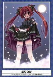  :d absurdres bow copyright_request dress female frilled_dress frilled_legwear frilled_thighhighs frills full_moon hairbow highres lolita_fashion moon muririn open_mouth petals red_hair skirt skirt_lift smile source_request thighhighs twintails white_legwear yellow_eyes 