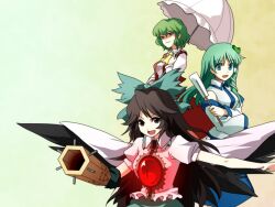  3girls aqua_eyes arm_cannon ascot bad_id black_wings bow brown_eyes brown_hair cape detached_sleeves gohei green_bow green_hair hair_tubes hairbow kazami_yuuka kochiya_sanae long_hair long_sleeves multiple_girls puffy_sleeves red_eyes reiuji_utsuho short_hair short_sleeves sigina smile third_eye touhou umbrella very_long_hair weapon wide_sleeves wings 