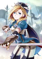  armor blonde_hair blue_eyes boots breastplate commentary_request earrings female fingerless_gloves flag gloves hat highres holding jewelry looking_at_viewer original pantyhose pantyhose_under_shorts retsuna shorts solo sword thigh_boots thighhighs tiara weapon white_legwear 