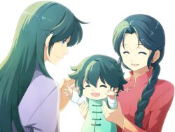  2boys ^_^ blue_eyes braid chinese_clothes closed_eyes commentary_request dragon_ryuuhou dragon_shiryuu father_and_son female happy long_hair mother_and_son multiple_boys saint_seiya saint_seiya_omega shunrei simple_background smile sun_trial white_background 