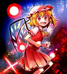  ascot blonde_hair commentary_request crystal danmaku fangs female flandre_scarlet hat hat_ribbon nightea open_mouth photoshop_(medium) puffy_sleeves red_eyes ribbon short_hair side_ponytail slit_pupils smile solo touhou wings 