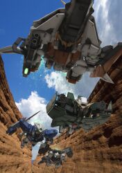  canyon cloud commentary_request day flying gundam gundam_00 gundam_dynames gundam_exia gundam_kyrios gundam_virtue mecha no_humans photoshop_(medium) realistic robographer robot science_fiction 