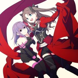  archer archer_(cosplay) banned_artist blue_eyes brown_hair cosplay fate/stay_night fate_(series) hair_ribbon matou_sakura multiple_girls purple_eyes purple_hair ribbon rider rider_(cosplay) siblings sisters smi_(enraku) thighhighs tohsaka_rin two_side_up zettai_ryouiki 