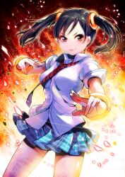  black_hair bracelet breasts chachie commentary_request female fighting_stance fire jewelry ling_xiaoyu medium_breasts miniskirt necktie petals photoshop_(medium) plaid plaid_skirt school_uniform shirt skirt solo tekken twintails white_shirt 